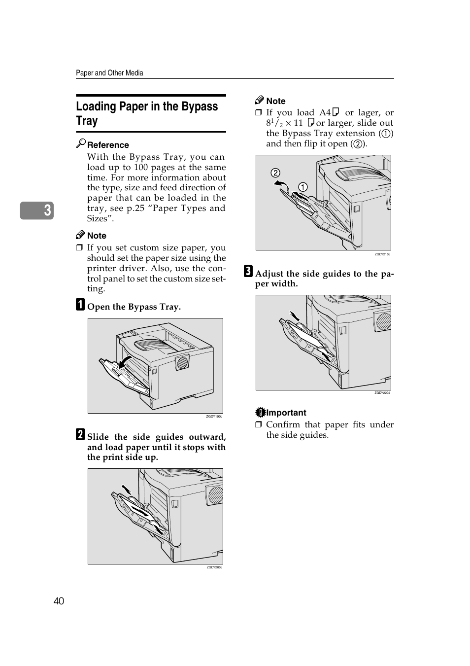 Loading paper in the bypass tray, E p.40 “loading paper in the bypass tray | Savin MLP26 User Manual | Page 48 / 180