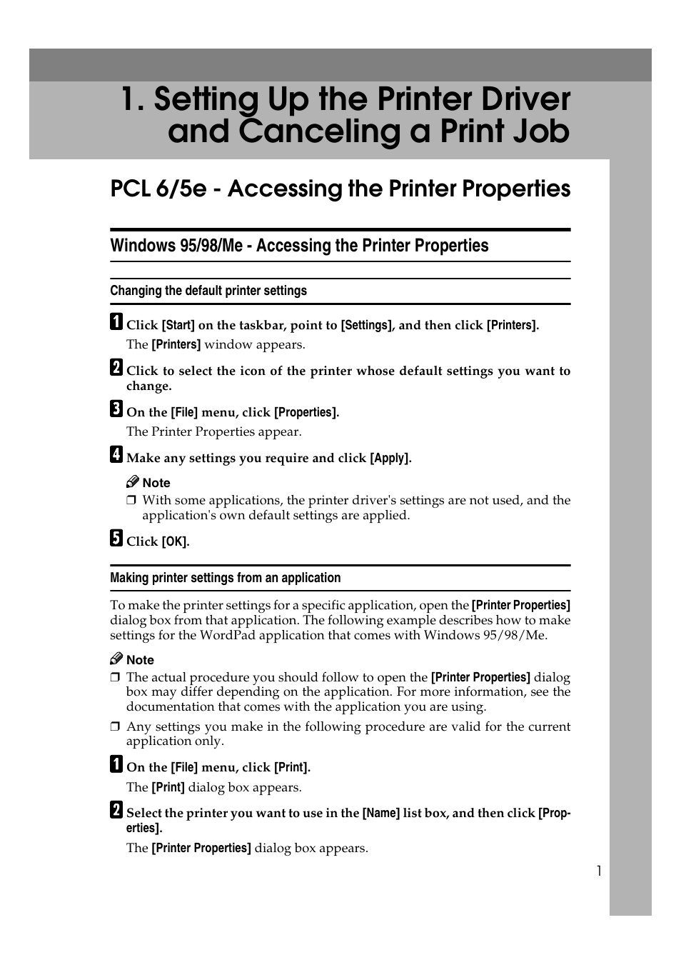 Pcl 6/5e - accessing the printer properties, Changing the default printer settings, Making printer settings from an application | Savin MLP26 User Manual | Page 9 / 180