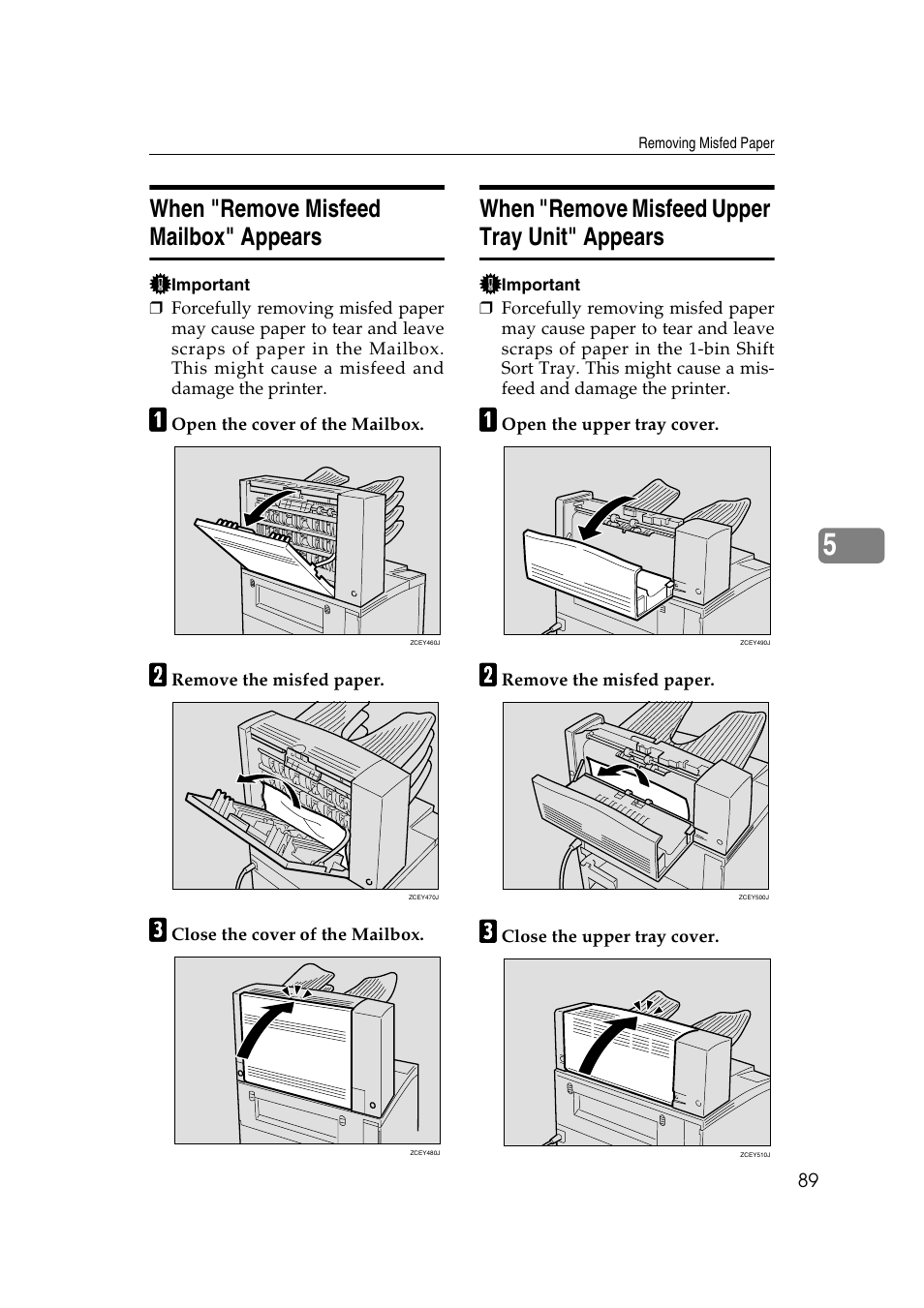 When "remove misfeed mailbox" appears, When "remove misfeed upper tray unit" appears, P.89 “when "remove misfeed mailbox" appears | Savin MLP26 User Manual | Page 97 / 180