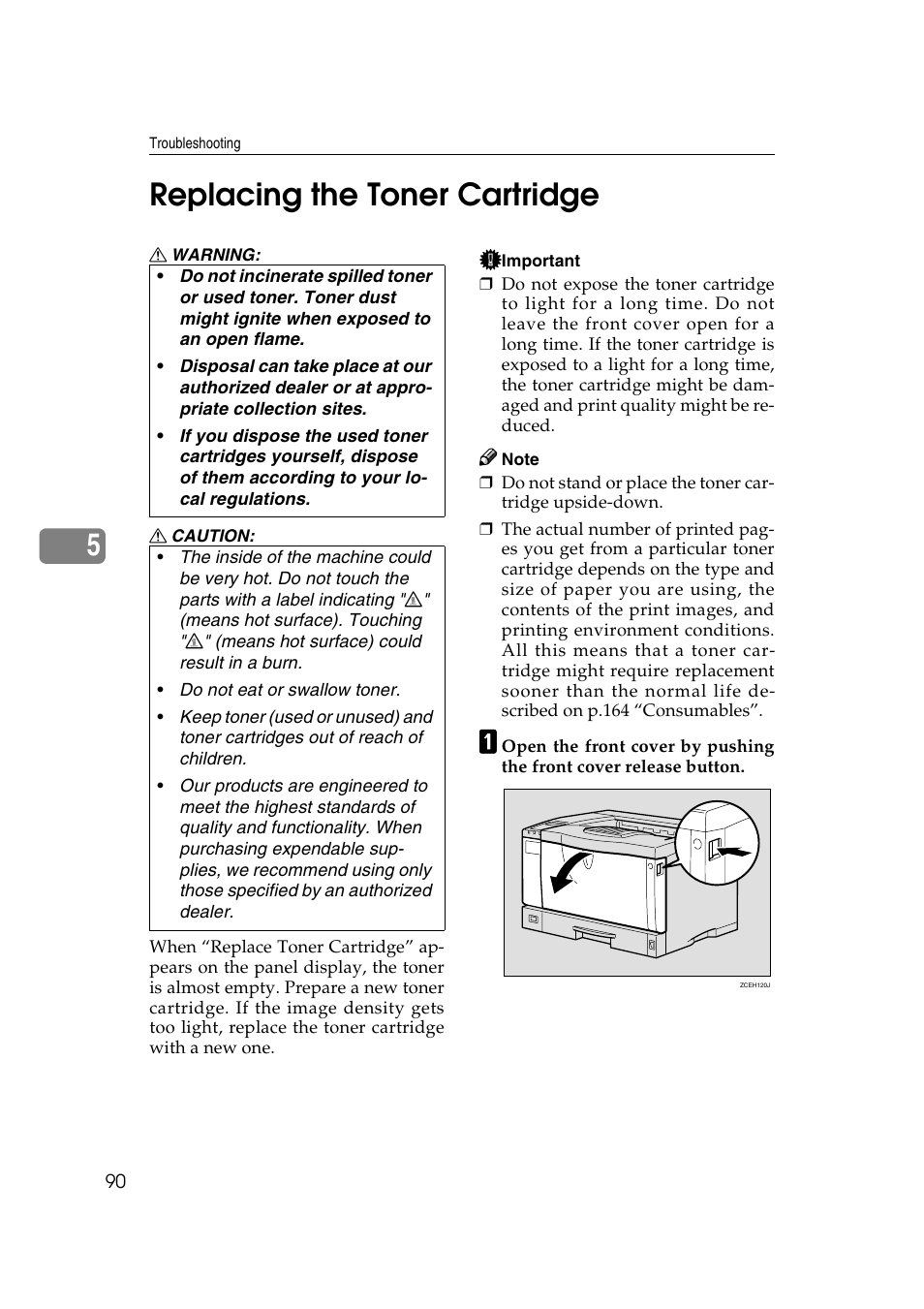 Replacing the toner cartridge, Ly. see p.90 “replacing the toner cartridge, P.90 “replacing the toner cartridge | 5replacing the toner cartridge | Savin MLP26 User Manual | Page 98 / 180