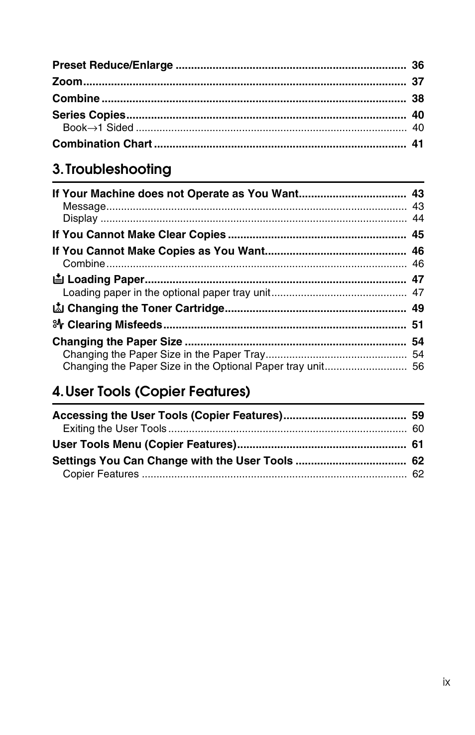 Troubleshooting, User tools (copier features) | Savin 1502 User Manual | Page 13 / 102