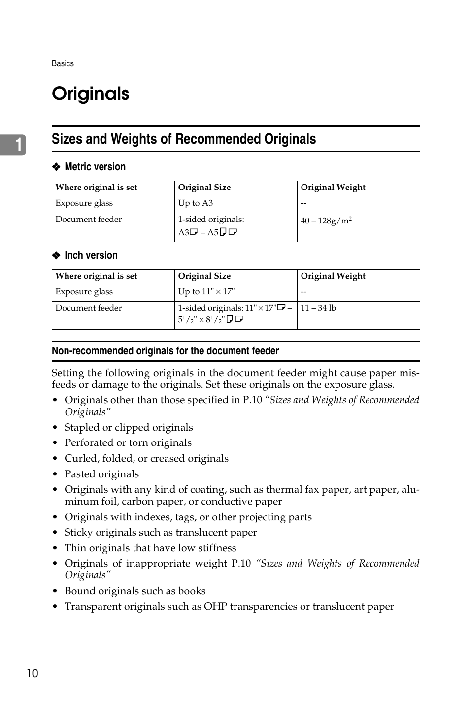 1originals, Sizes and weights of recommended originals | Savin 1502 User Manual | Page 24 / 102