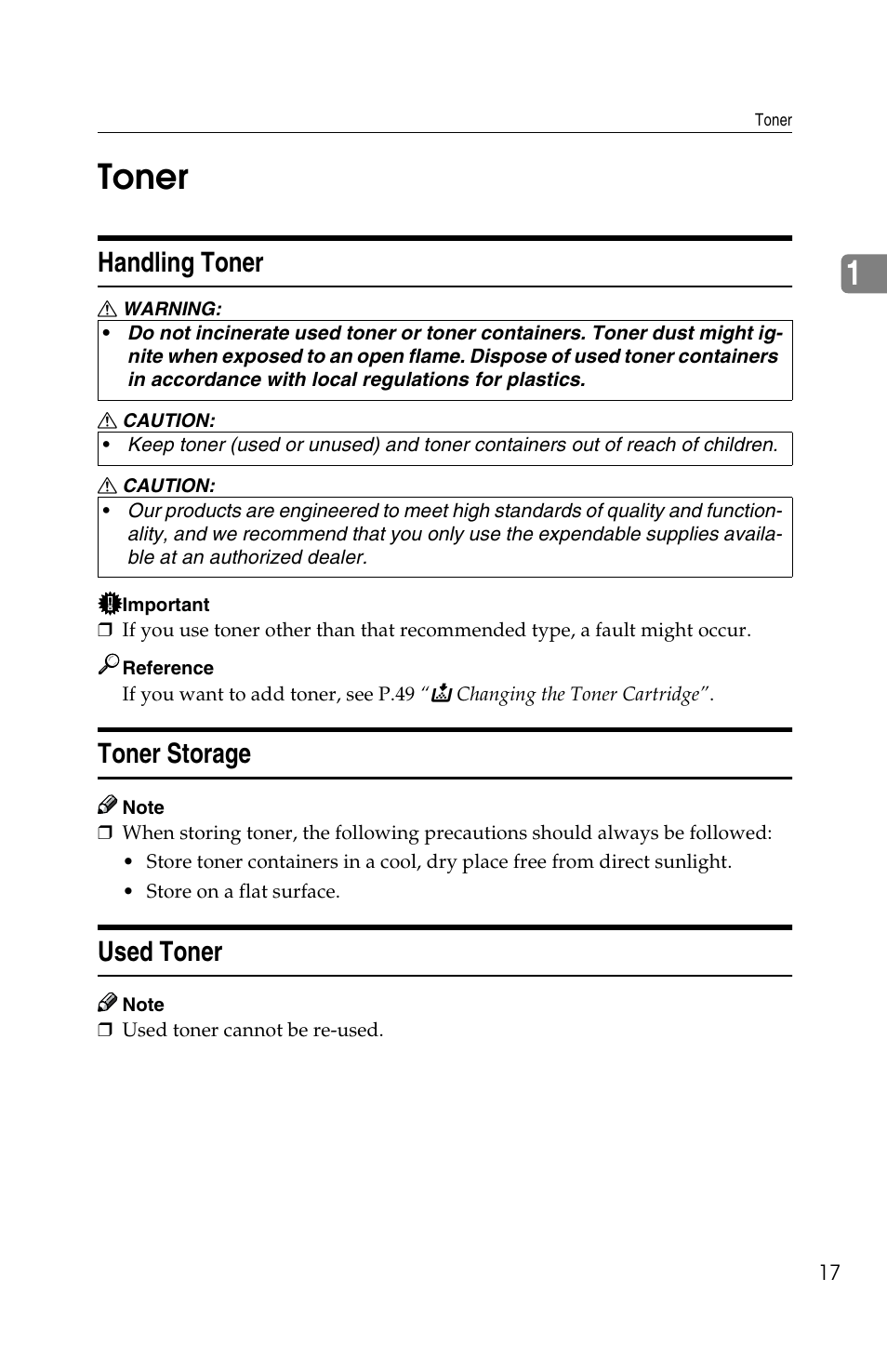1toner, Handling toner, Toner storage | Used toner | Savin 1502 User Manual | Page 31 / 102