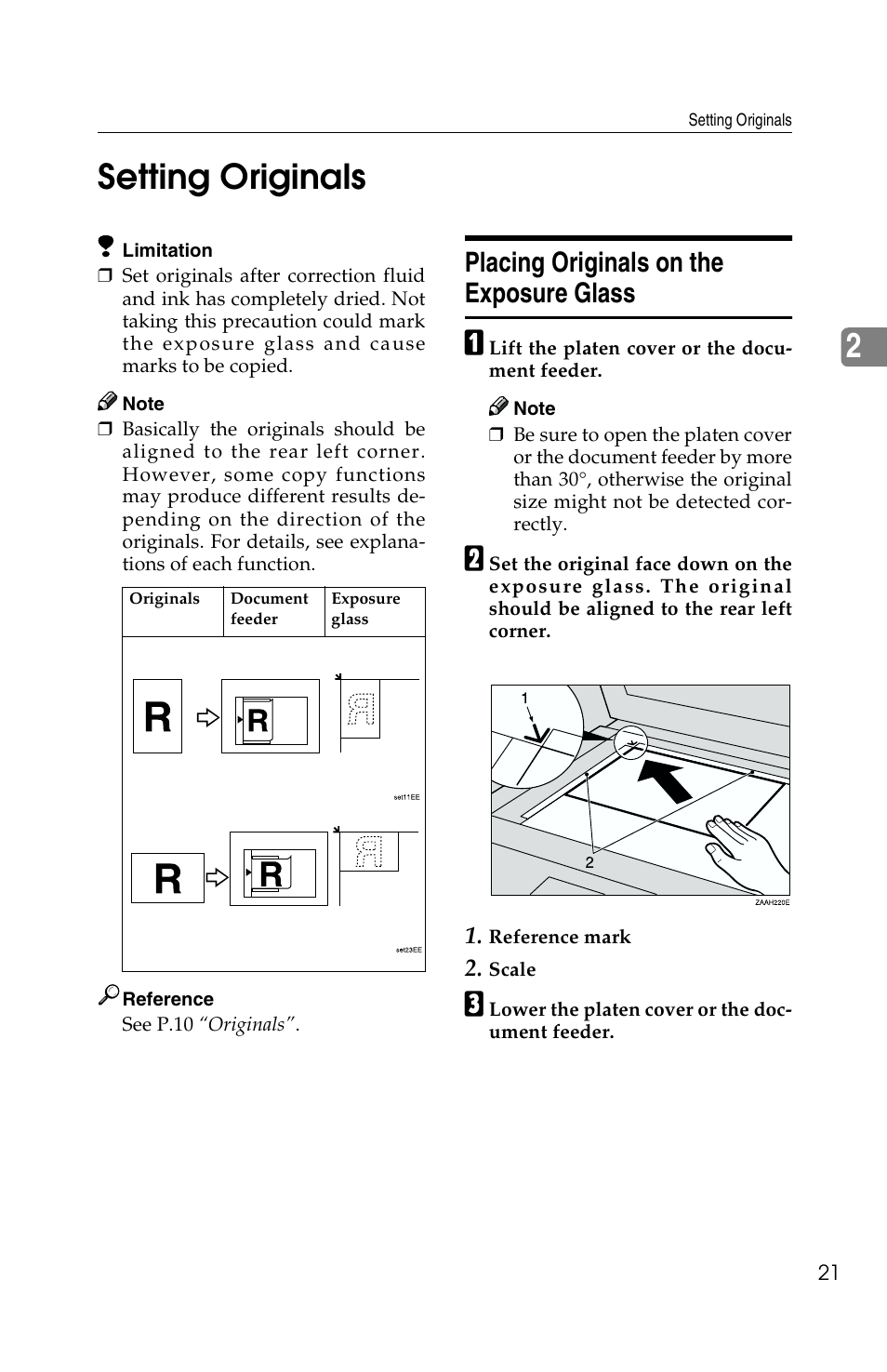 2setting originals, Placing originals on the exposure glass | Savin 1502 User Manual | Page 35 / 102