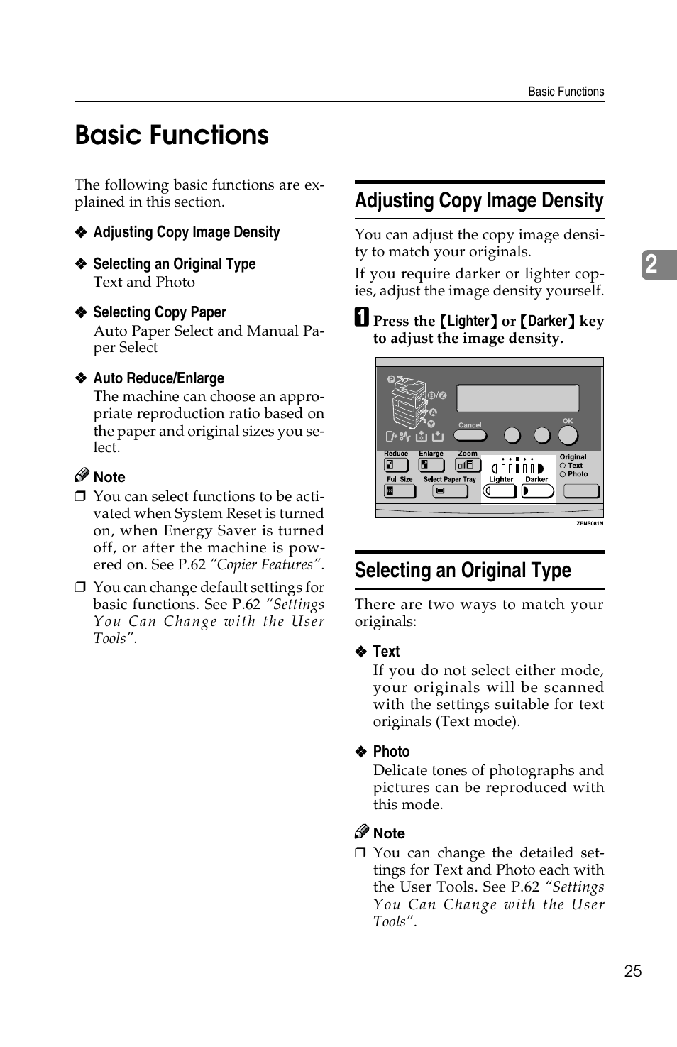 2basic functions, Adjusting copy image density, Selecting an original type | Savin 1502 User Manual | Page 39 / 102