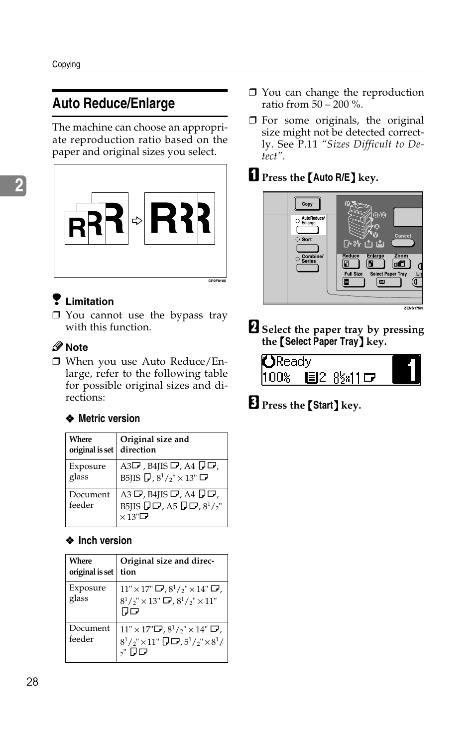 Auto reduce/enlarge, Metric version ❖ ❖ ❖ ❖ inch version | Savin 1502 User Manual | Page 42 / 102
