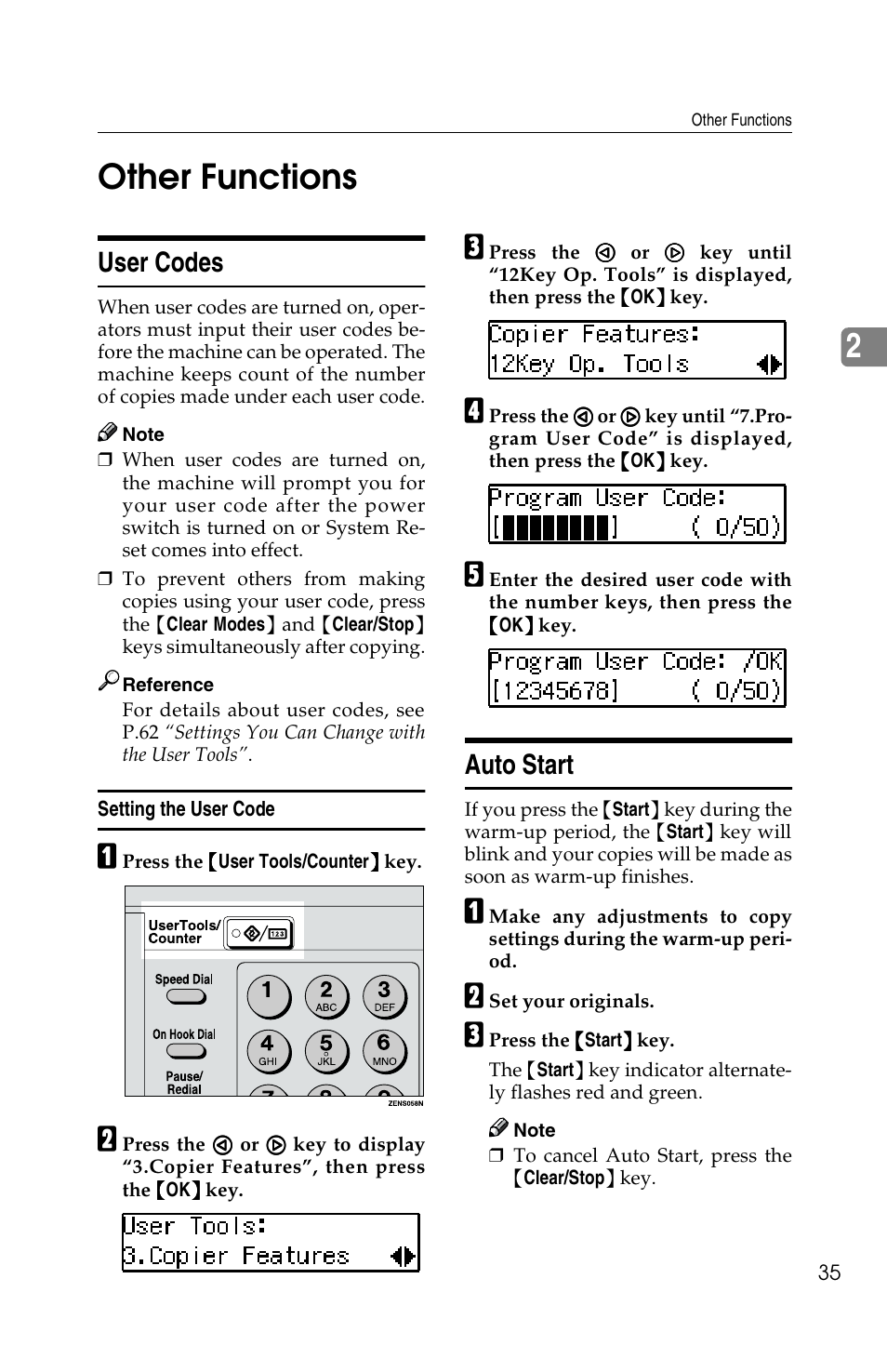 2other functions, User codes, Auto start | Savin 1502 User Manual | Page 49 / 102