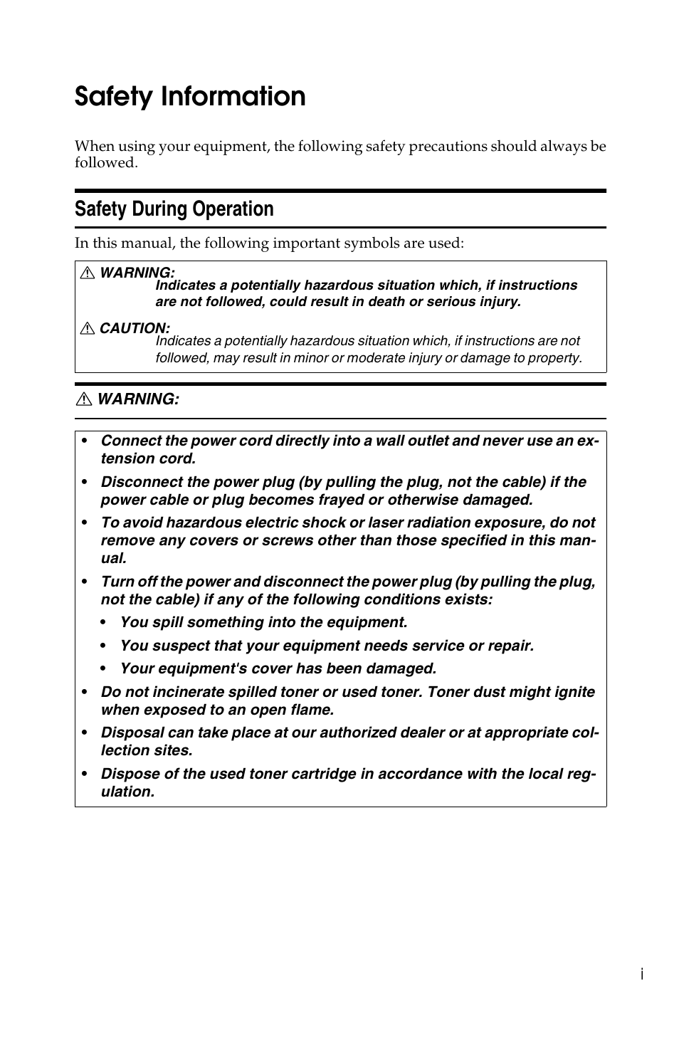 Safety information, Safety during operation | Savin 1502 User Manual | Page 5 / 102