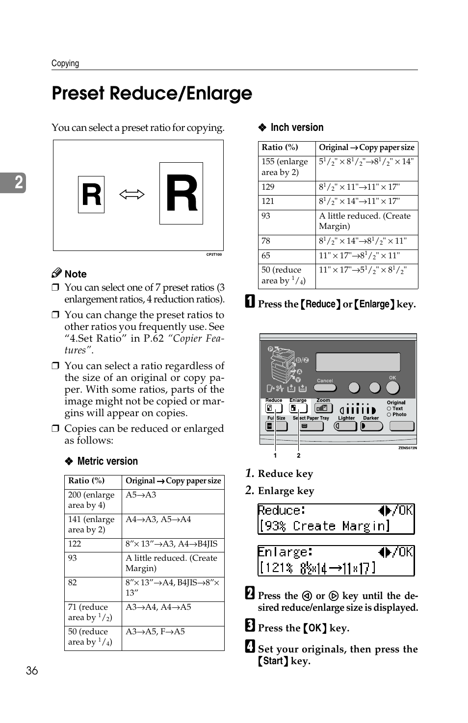 2preset reduce/enlarge, Metric version ❖ ❖ ❖ ❖ inch version | Savin 1502 User Manual | Page 50 / 102