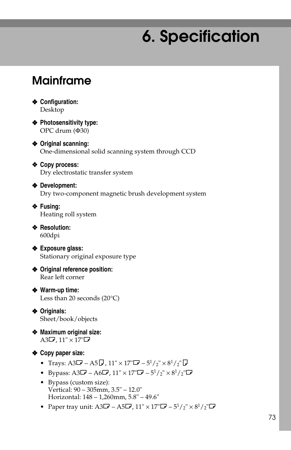 Specification, Mainframe | Savin 1502 User Manual | Page 87 / 102