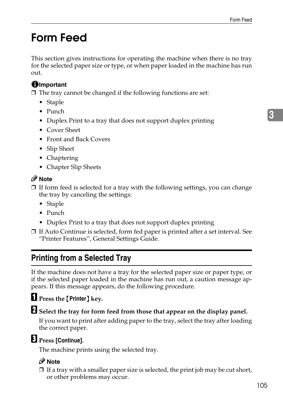 Form feed, Printing from a selected tray, 3form feed | Savin C4540 User Manual | Page 113 / 167