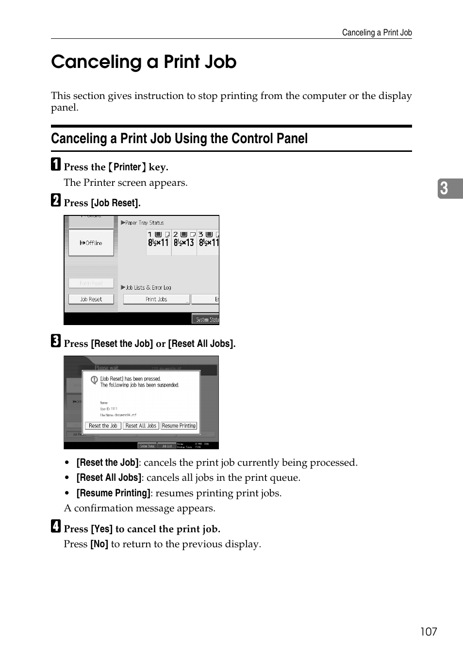 Canceling a print job, Canceling a print job using the control panel, 3canceling a print job | Savin C4540 User Manual | Page 115 / 167