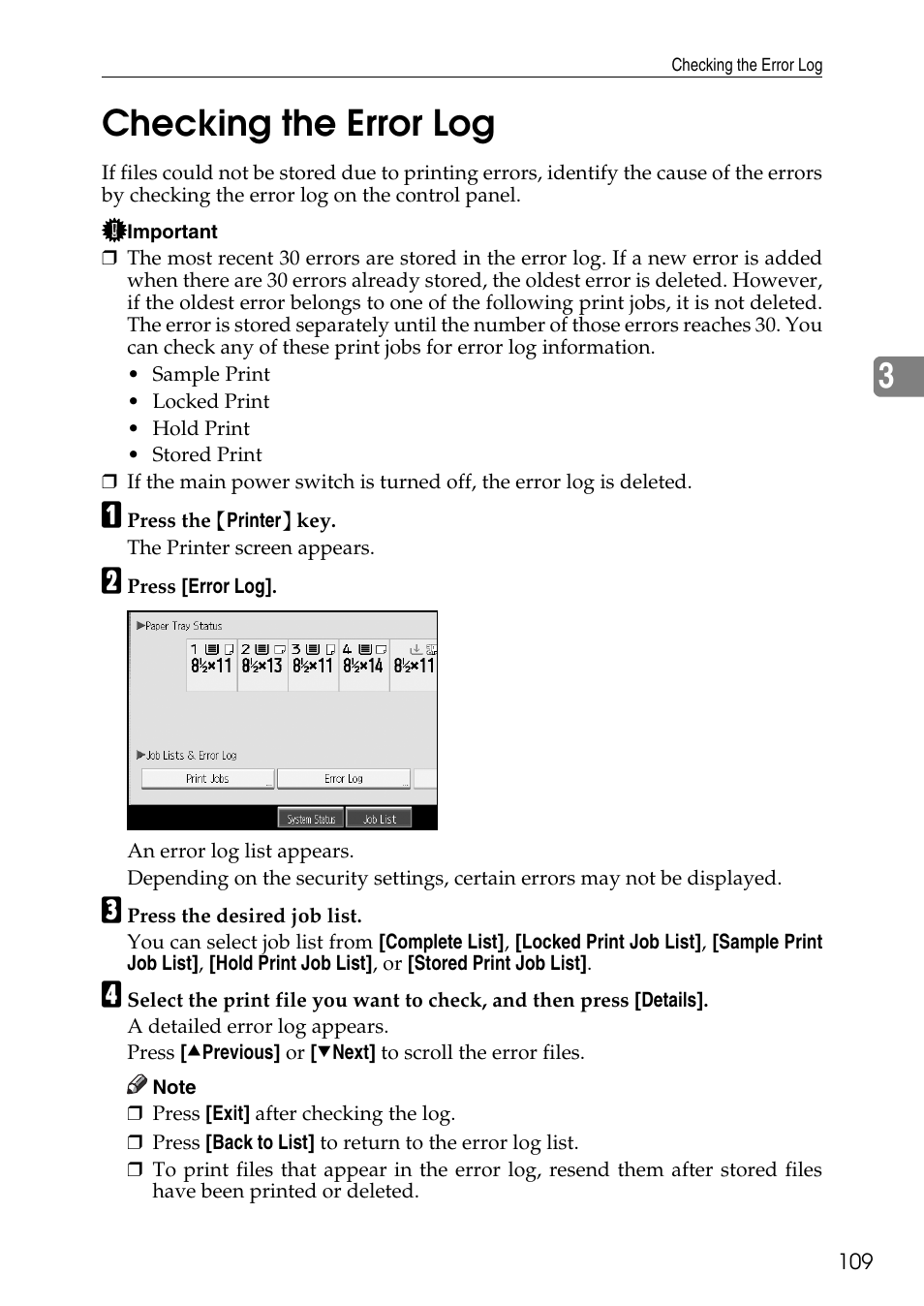 Checking the error log, 3checking the error log | Savin C4540 User Manual | Page 117 / 167