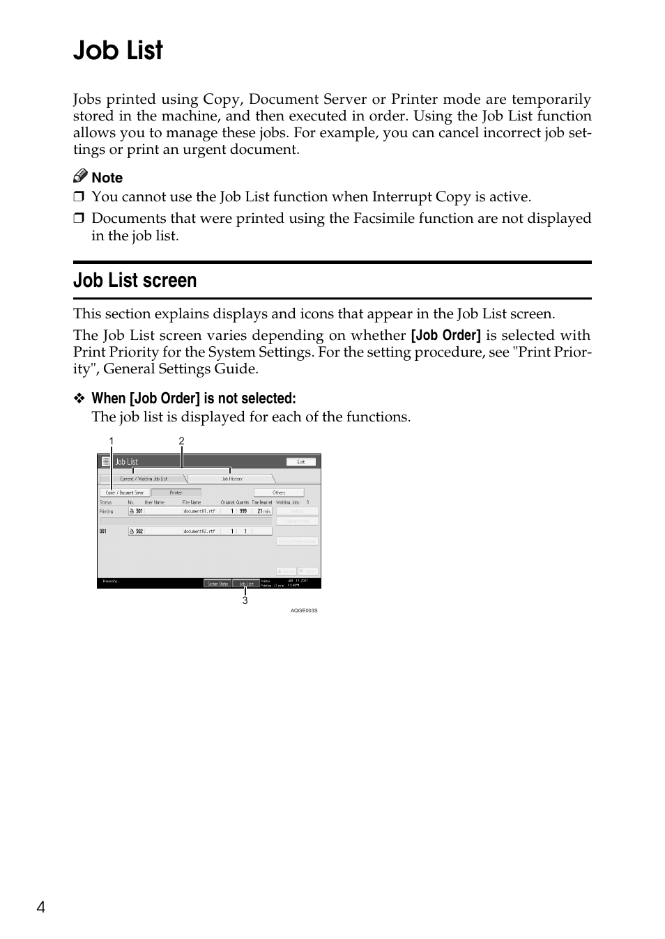 Job list, Job list screen | Savin C4540 User Manual | Page 12 / 167