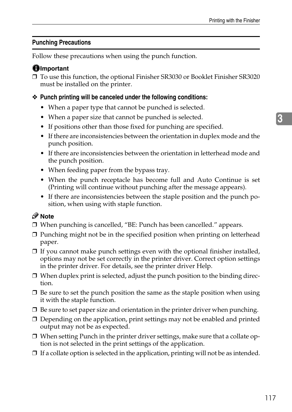 Punching precautions | Savin C4540 User Manual | Page 125 / 167