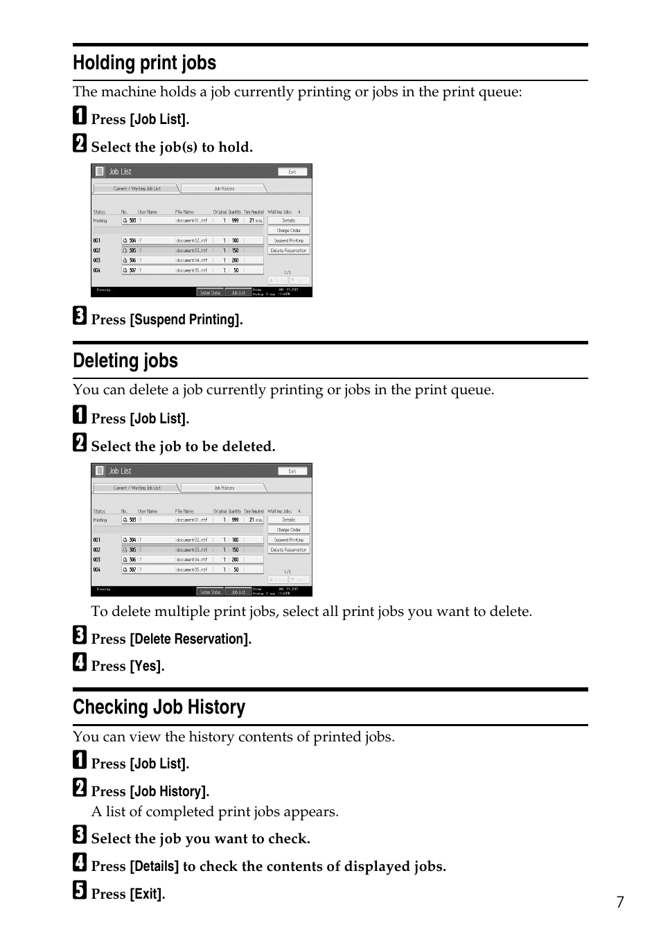 Holding print jobs, Deleting jobs, Checking job history | Savin C4540 User Manual | Page 15 / 167