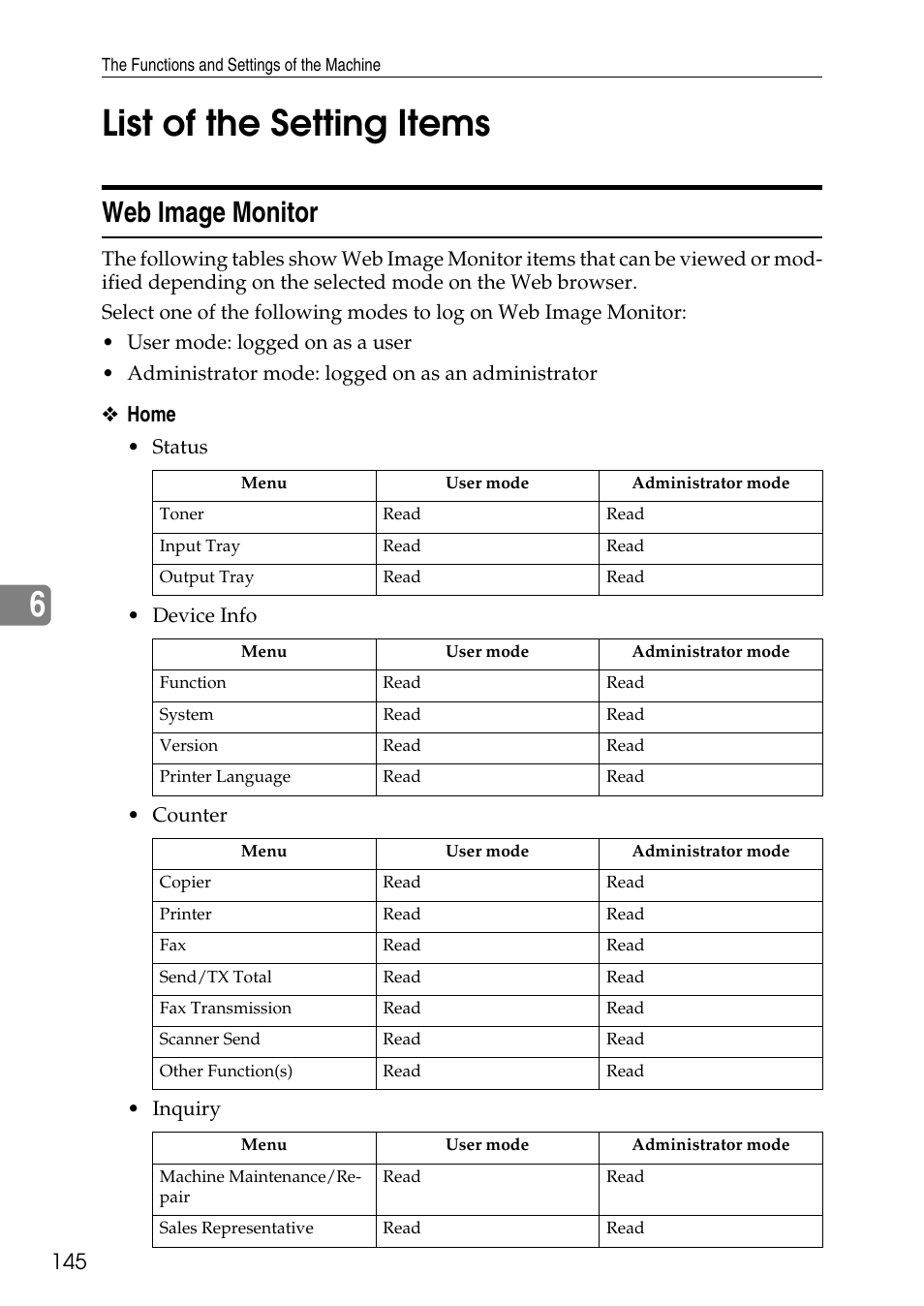 List of the setting items, Web image monitor, 6list of the setting items | Home | Savin C4540 User Manual | Page 153 / 167