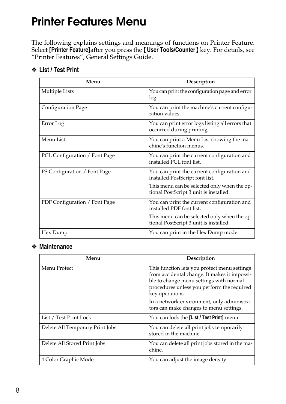 Printer features menu, List / test print ❖ maintenance | Savin C4540 User Manual | Page 16 / 167