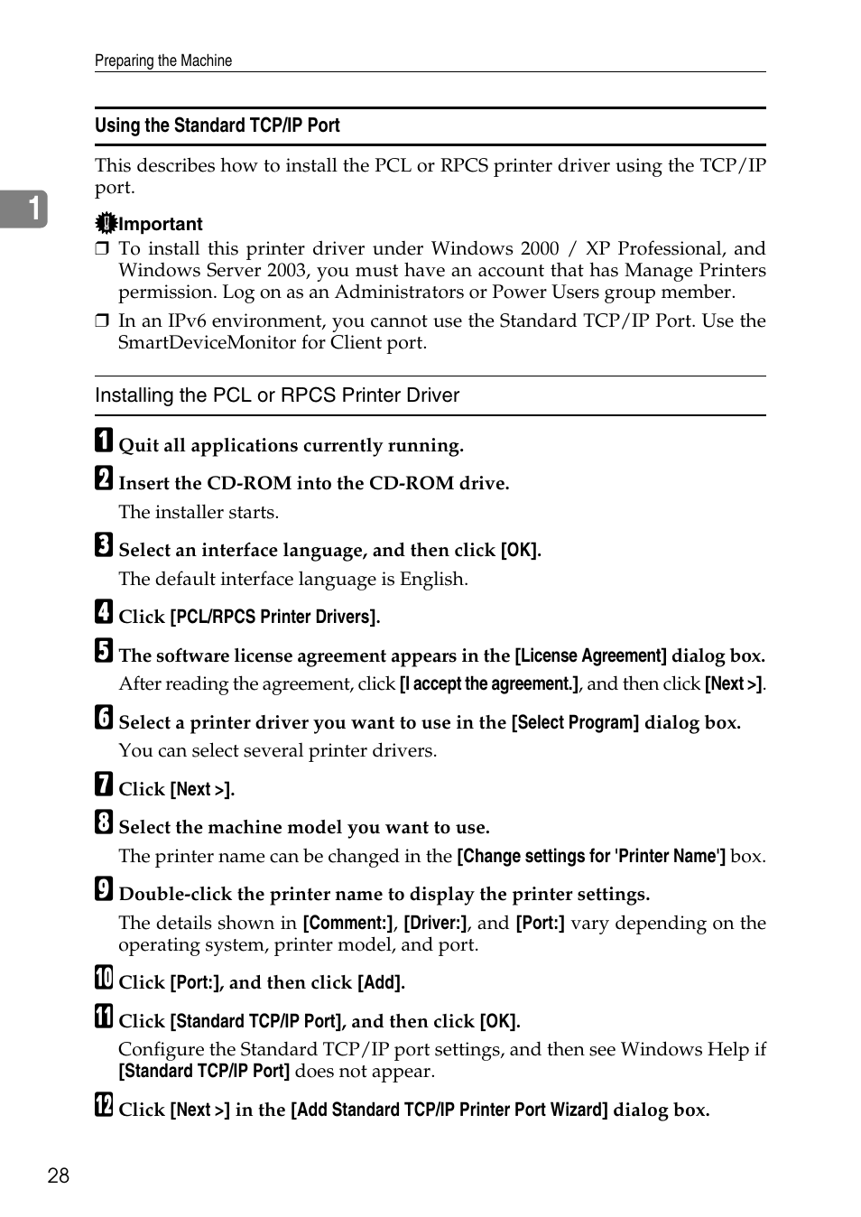 Using the standard tcp/ip port | Savin C4540 User Manual | Page 36 / 167