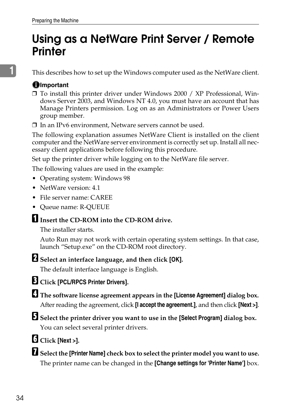Using as a netware print server / remote printer, 1using as a netware print server / remote printer | Savin C4540 User Manual | Page 42 / 167
