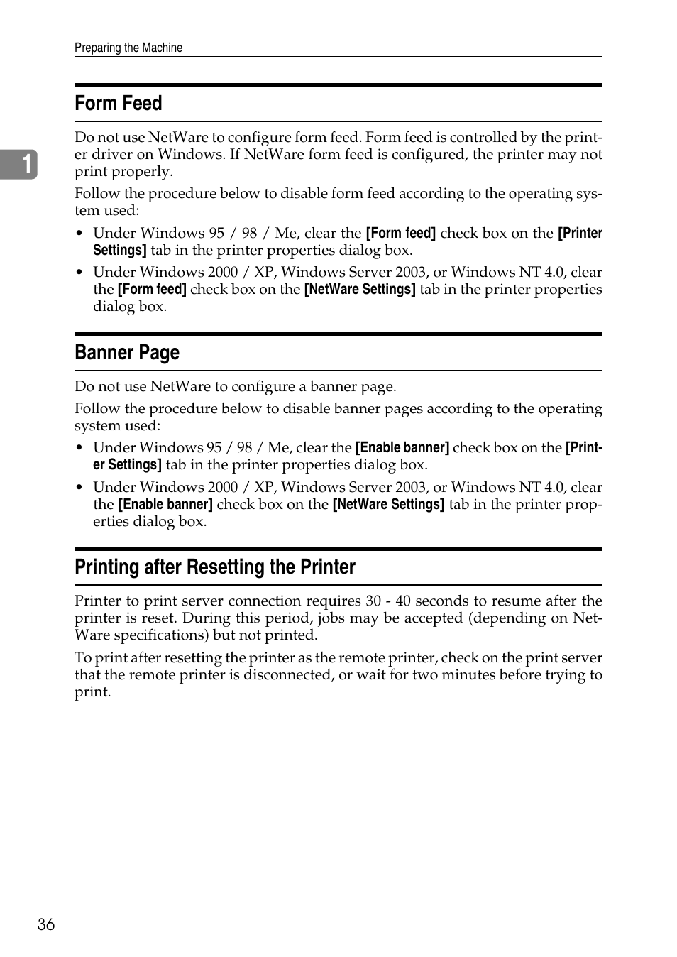 Form feed, Printing after resetting the printer, Banner page | Savin C4540 User Manual | Page 44 / 167