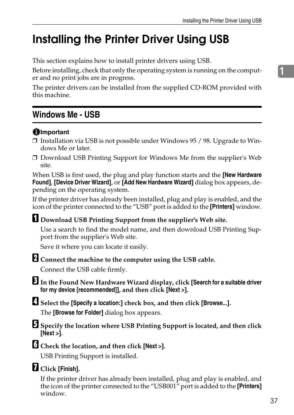 Installing the printer driver using usb, Windows me - usb, E p.37 “installing the printer driver using usb | 1installing the printer driver using usb | Savin C4540 User Manual | Page 45 / 167