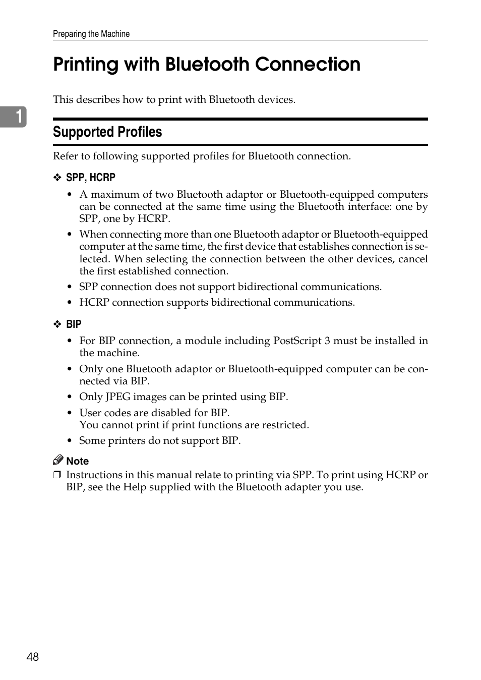 Printing with bluetooth connection, Supported profiles, P.48 “printing with bluetooth connection | 1printing with bluetooth connection | Savin C4540 User Manual | Page 56 / 167
