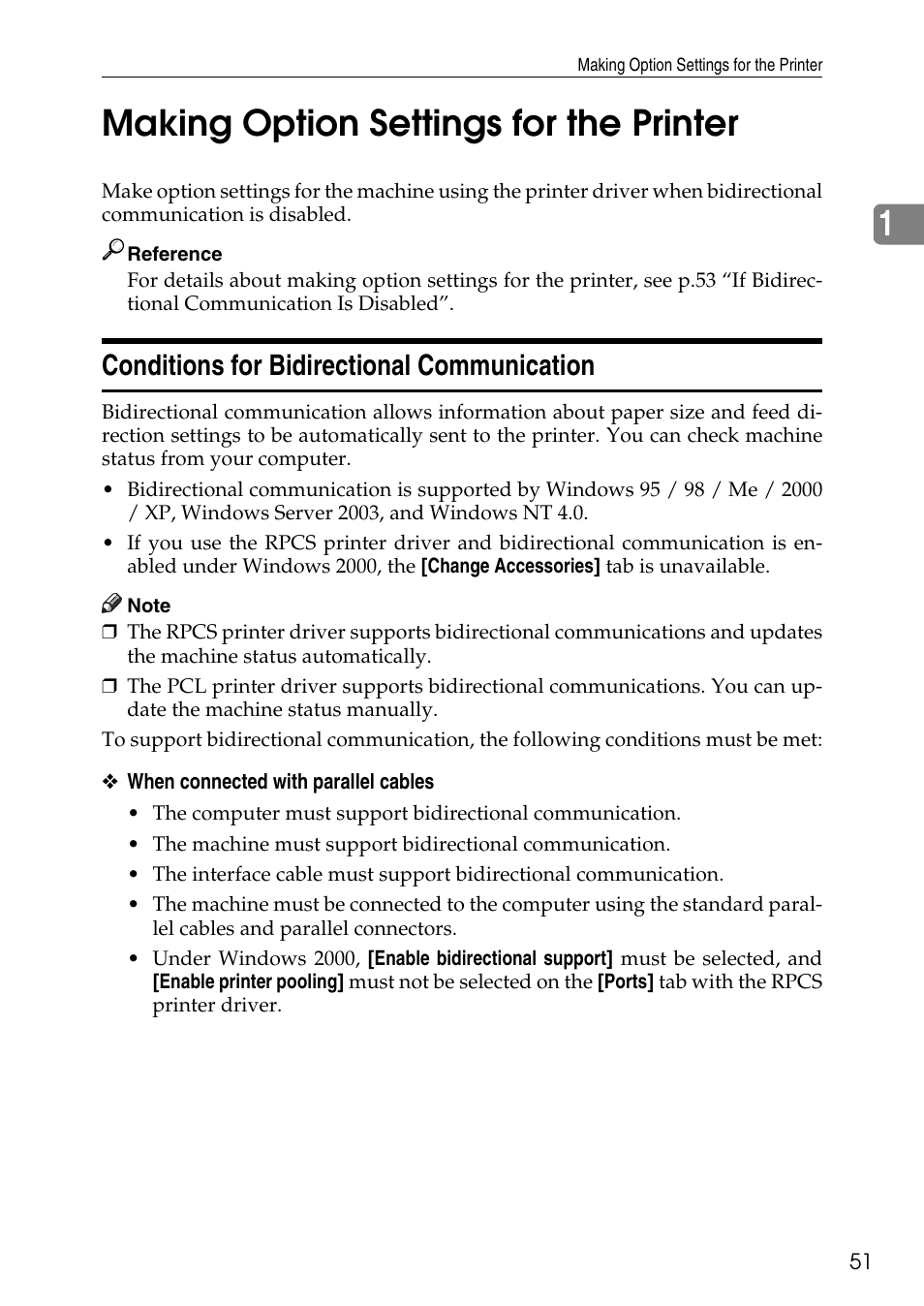 Making option settings for the printer, Conditions for bidirectional communication, 1making option settings for the printer | Savin C4540 User Manual | Page 59 / 167