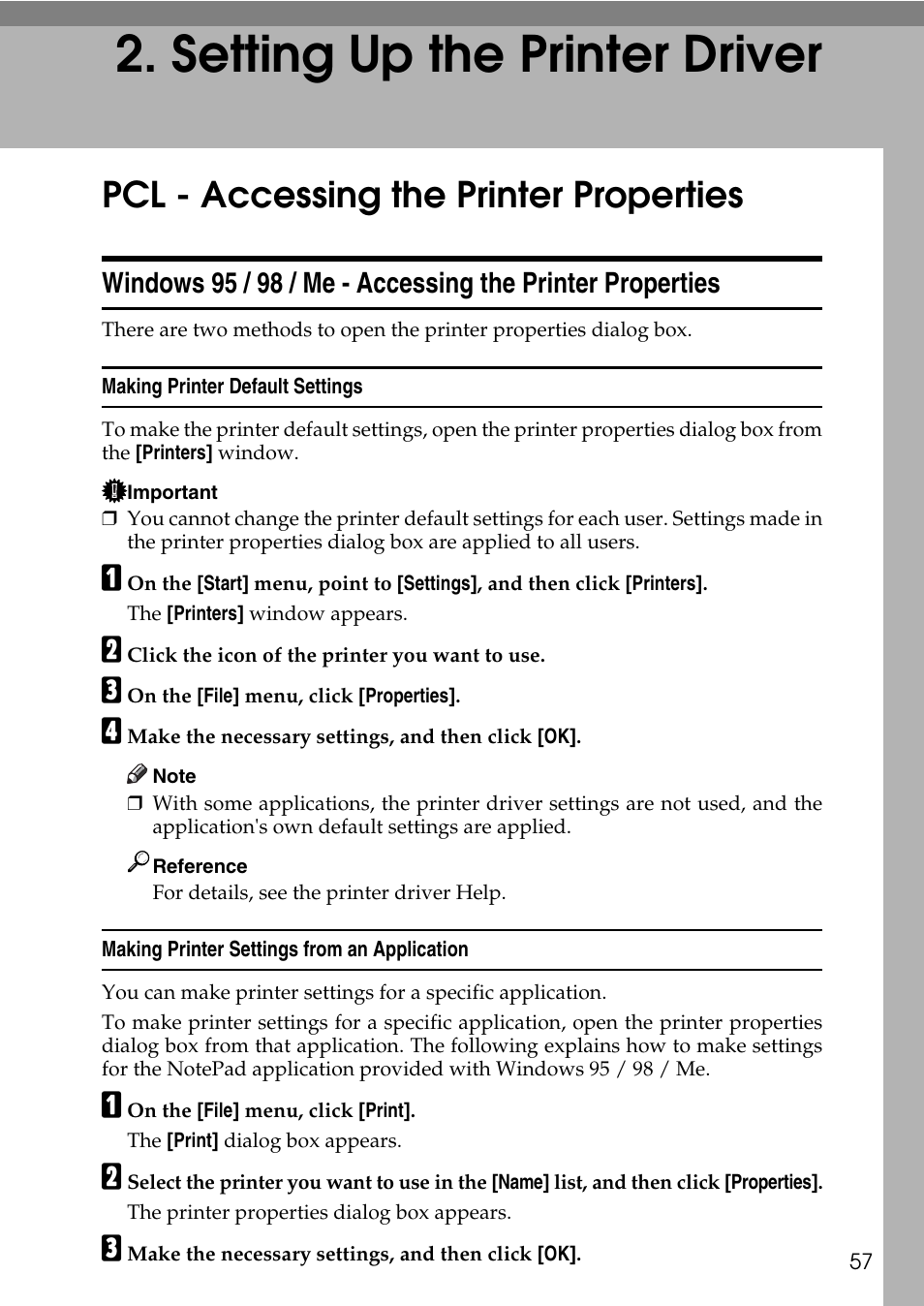  setting up the printer driver, Pcl - accessing the printer properties, Making printer default settings | Making printer settings from an application, Setting up the printer driver | Savin C4540 User Manual | Page 65 / 167