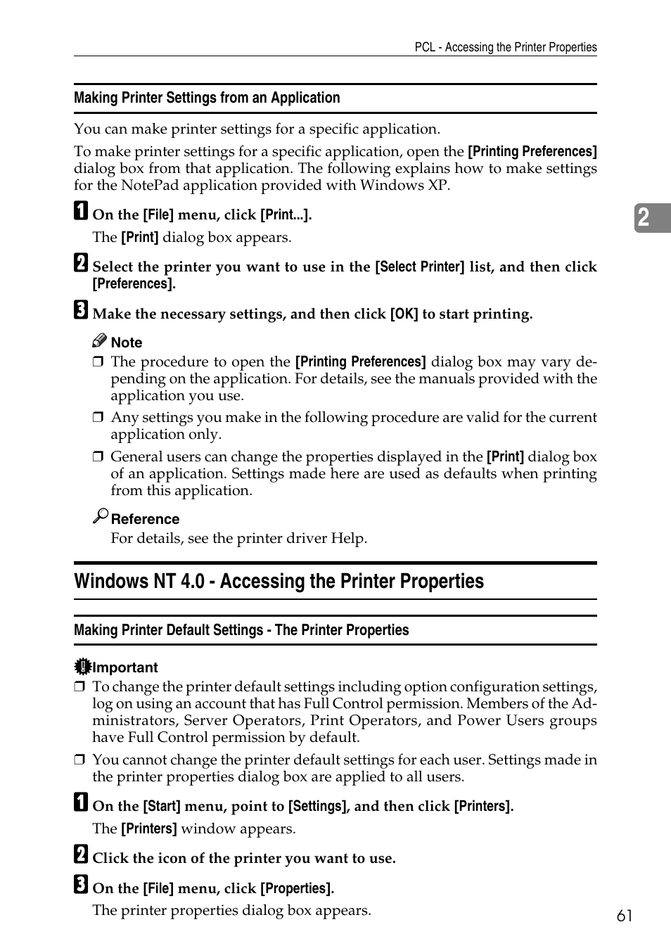 Making printer settings from an application, Windows nt 4.0 - accessing the printer properties | Savin C4540 User Manual | Page 69 / 167