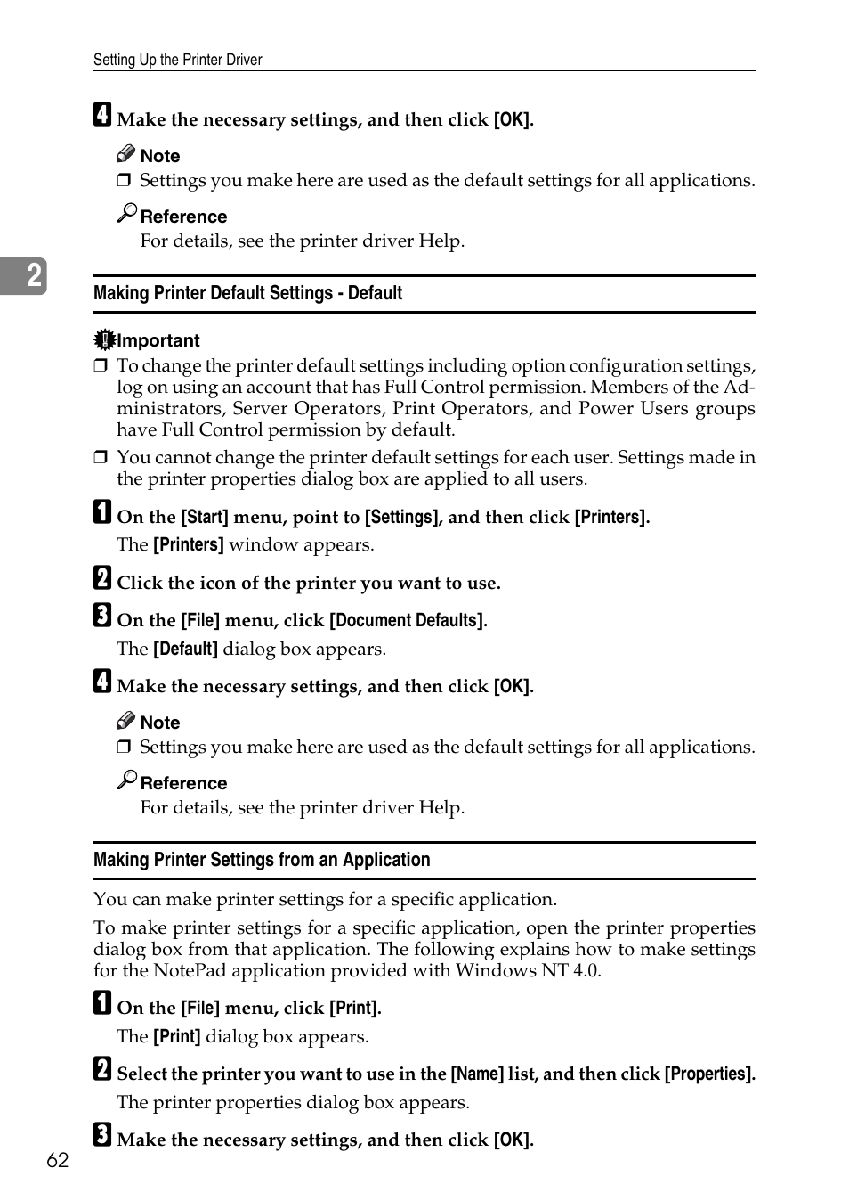 Making printer default settings - default, Making printer settings from an application | Savin C4540 User Manual | Page 70 / 167