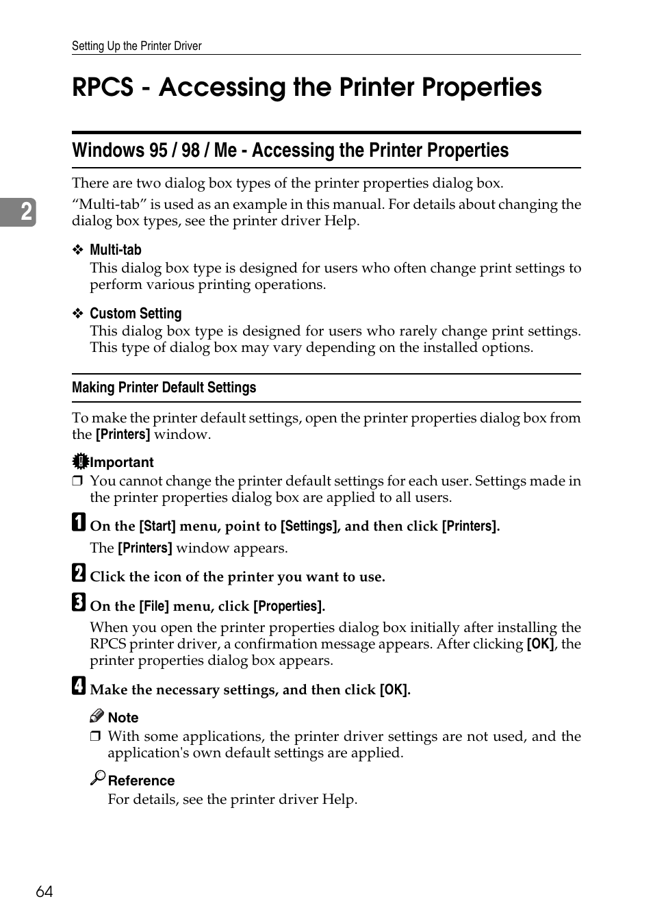 Rpcs - accessing the printer properties, Making printer default settings, 2rpcs - accessing the printer properties | Savin C4540 User Manual | Page 72 / 167