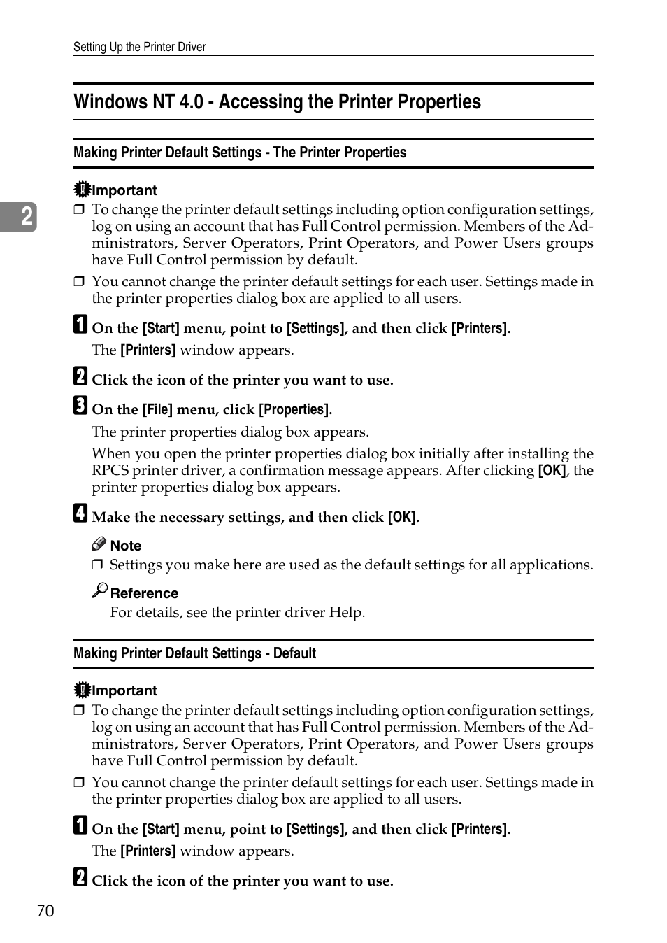 Windows nt 4.0 - accessing the printer properties, Making printer default settings - default | Savin C4540 User Manual | Page 78 / 167