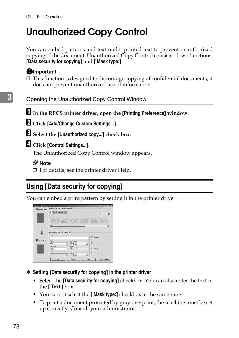Unauthorized copy control, Using [data security for copying, 3unauthorized copy control | Savin C4540 User Manual | Page 86 / 167