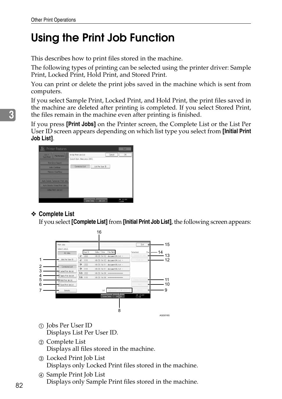 Using the print job function, 3using the print job function, Complete list | Savin C4540 User Manual | Page 90 / 167