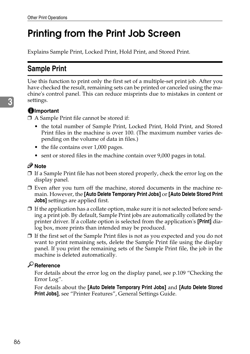Printing from the print job screen, Sample print, P.86 “sample print | 3printing from the print job screen | Savin C4540 User Manual | Page 94 / 167