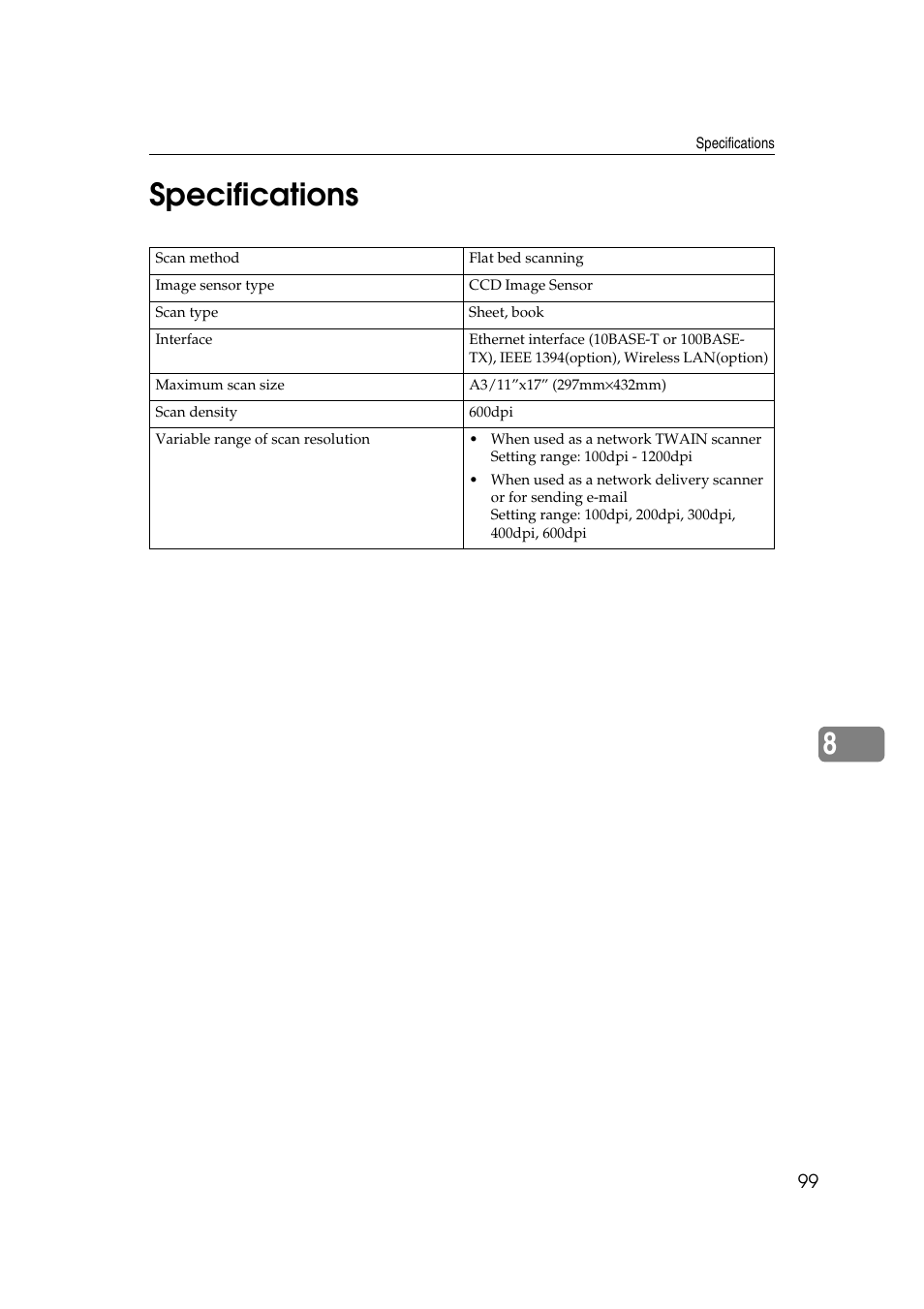 Specifications, 8specifications | Savin 1232 User Manual | Page 103 / 108