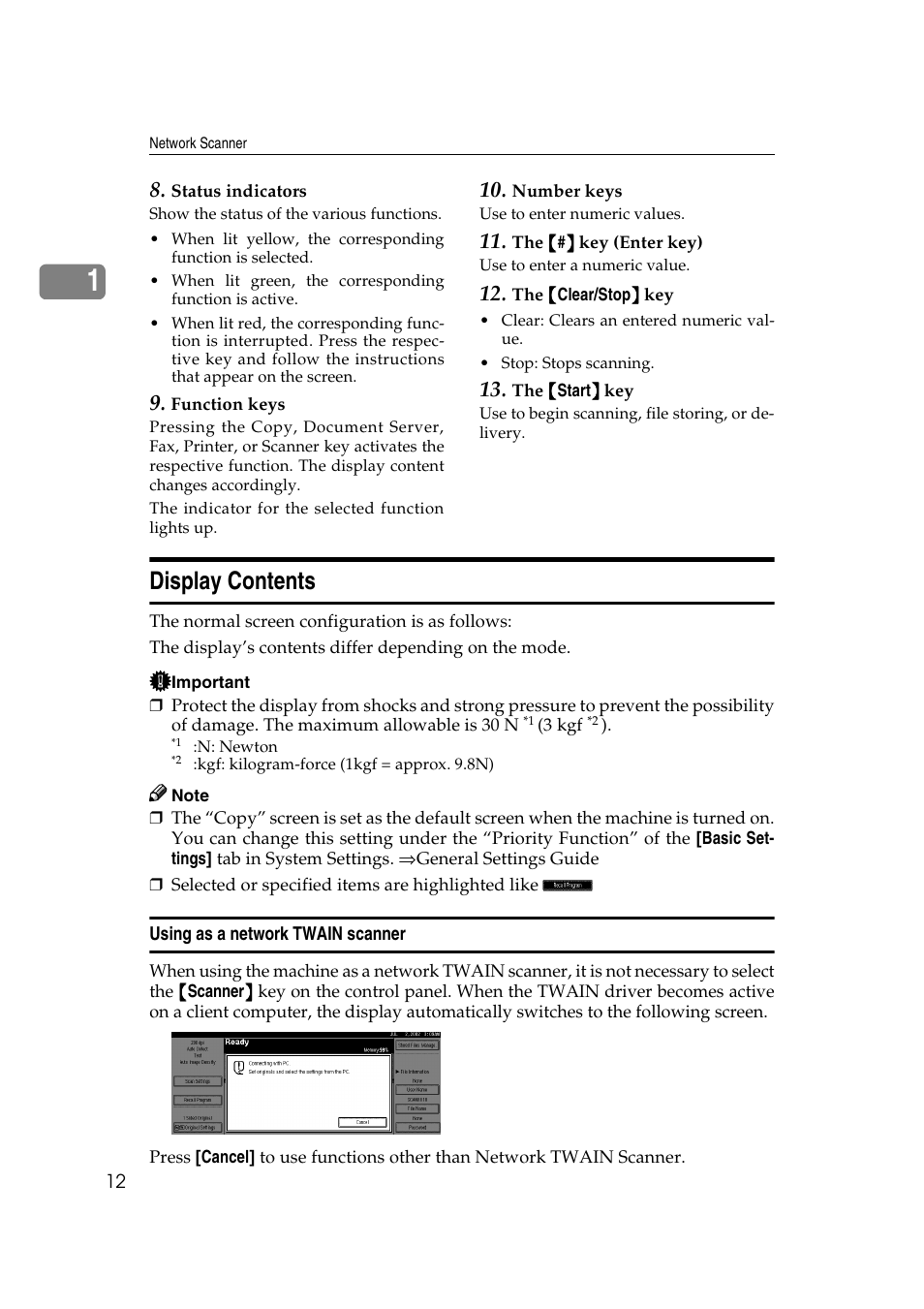 Display contents, Using as a network twain scanner | Savin 1232 User Manual | Page 16 / 108