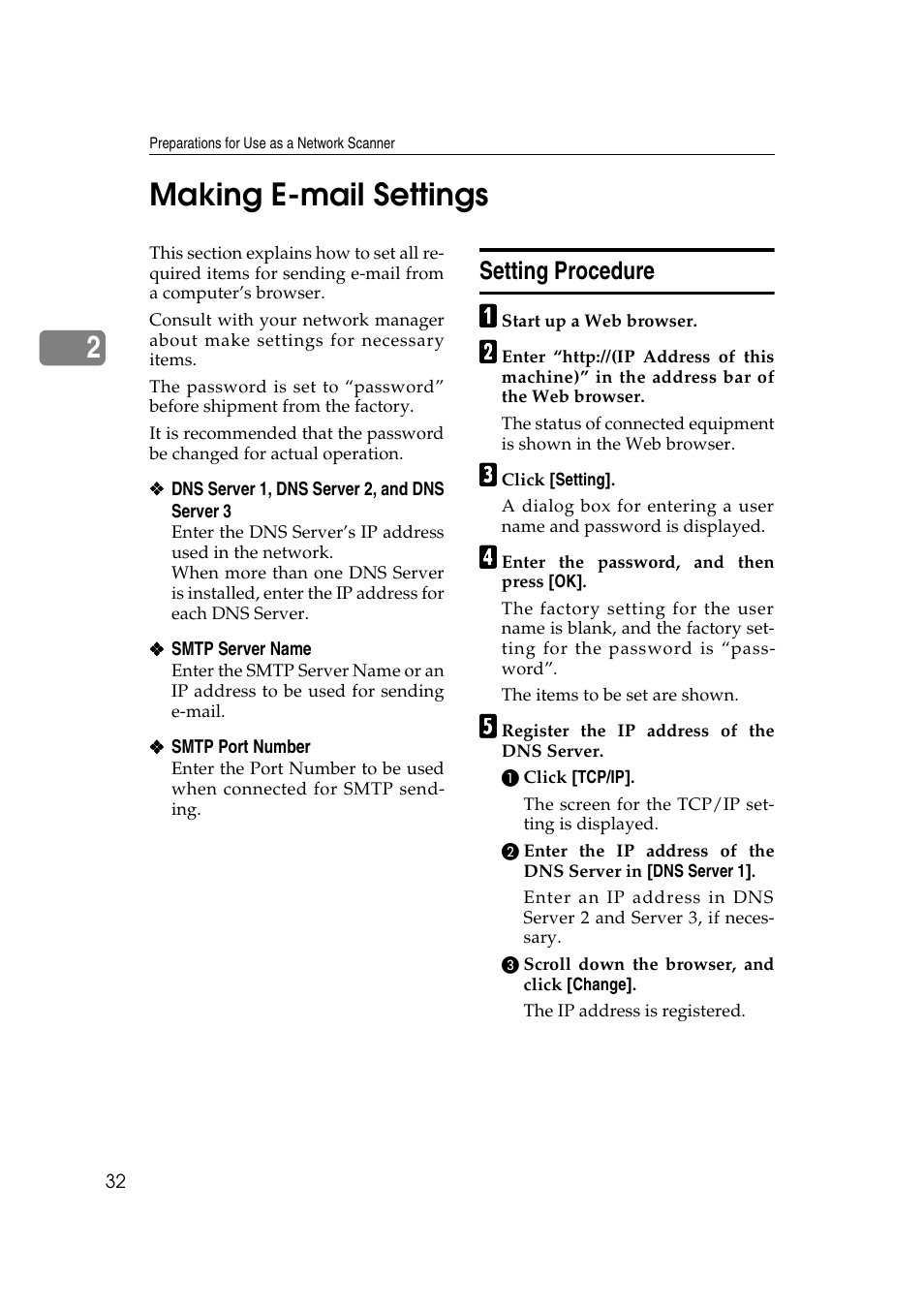 Making e-mail settings, Setting procedure, P.32 “making e-mail settings | 2making e-mail settings | Savin 1232 User Manual | Page 36 / 108