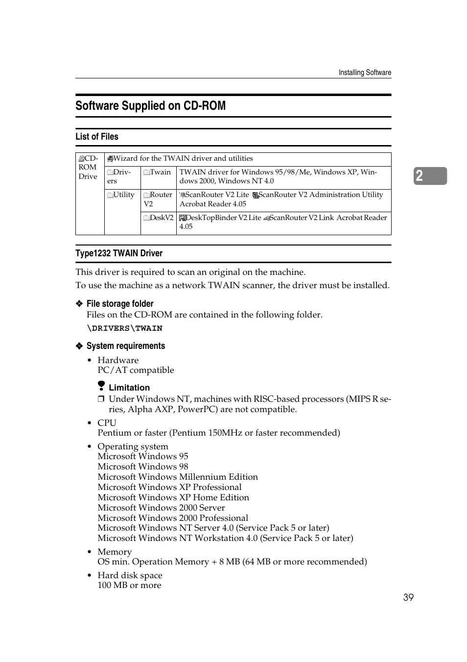 Software supplied on cd-rom, List of files, Type1232 twain driver | P.39 “type1232 twain driver | Savin 1232 User Manual | Page 43 / 108
