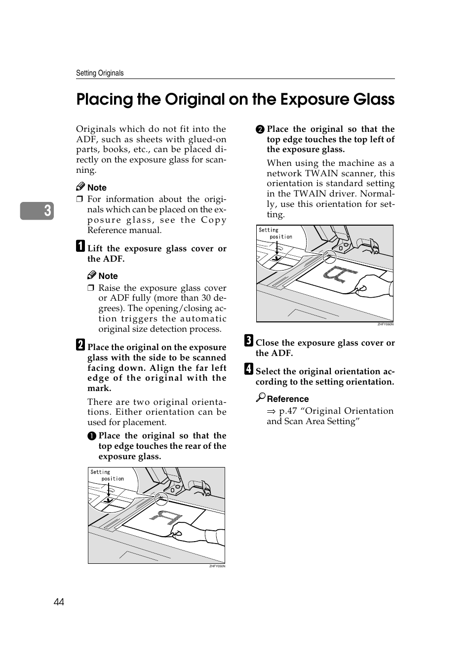 Placing the original on the exposure glass, 3placing the original on the exposure glass | Savin 1232 User Manual | Page 48 / 108