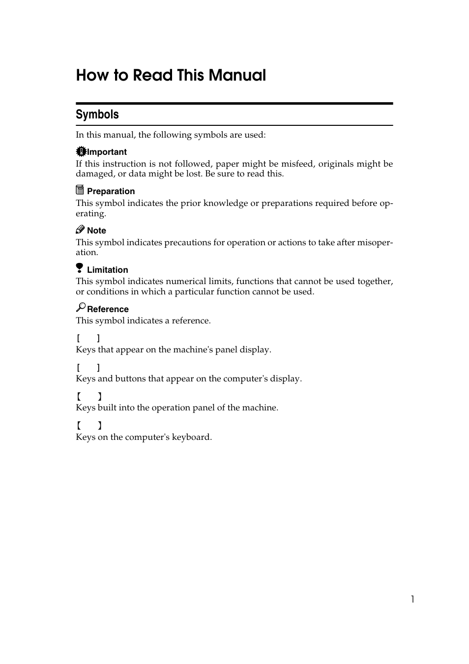 How to read this manual, Symbols | Savin 1232 User Manual | Page 5 / 108