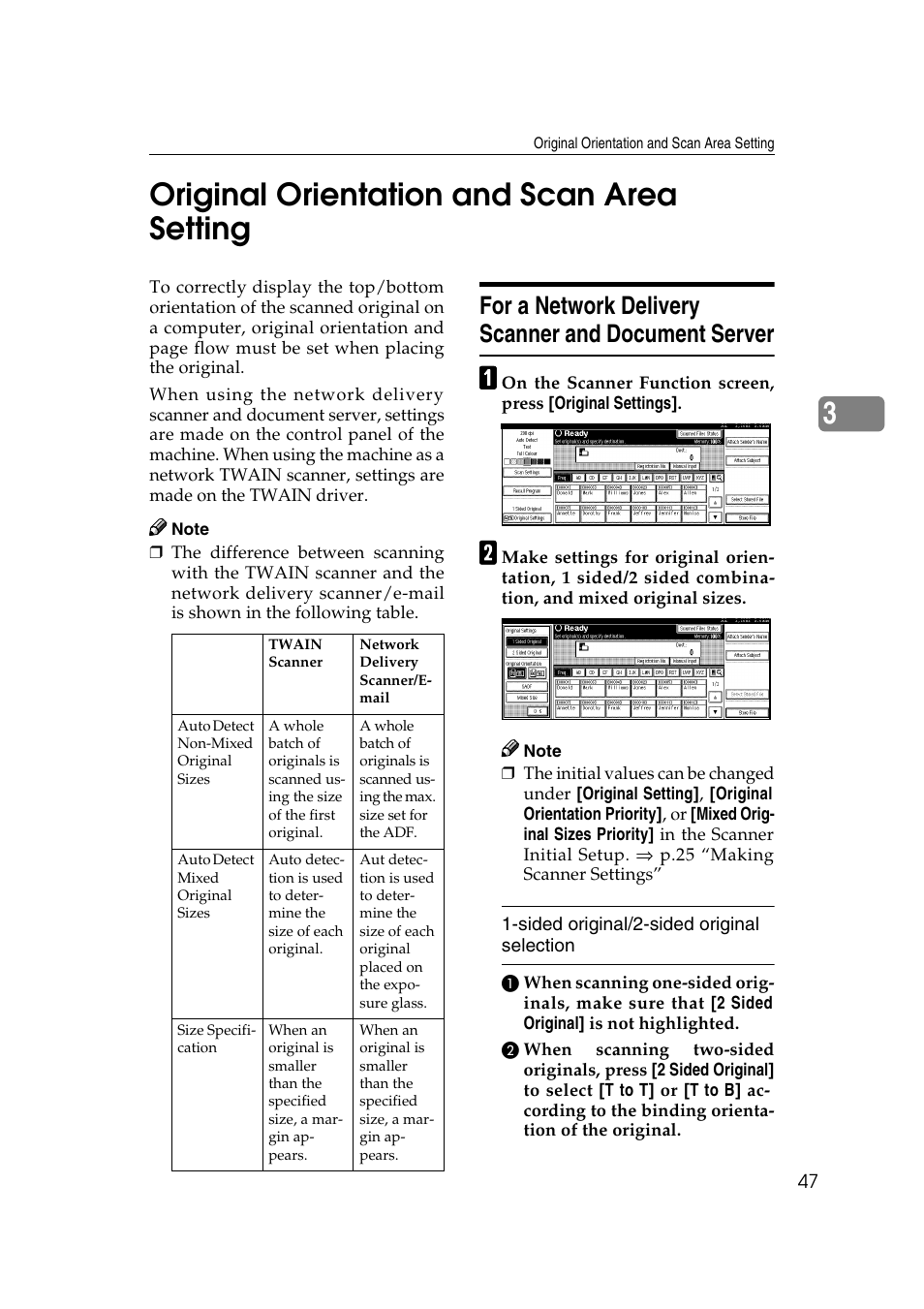 Original orientation and scan area setting, For a network delivery scanner and document server, 3original orientation and scan area setting | Savin 1232 User Manual | Page 51 / 108