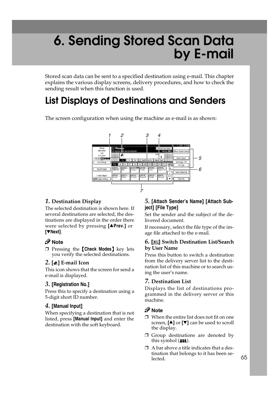  sending stored scan data by e-mail, List displays of destinations and senders, Sending stored scan data by e-mail | Savin 1232 User Manual | Page 69 / 108