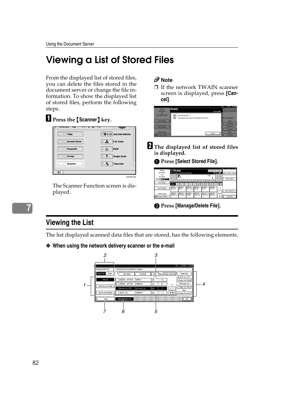 Viewing a list of stored files, Viewing the list, P.82 “viewing a list of stored files | 7viewing a list of stored files | Savin 1232 User Manual | Page 86 / 108