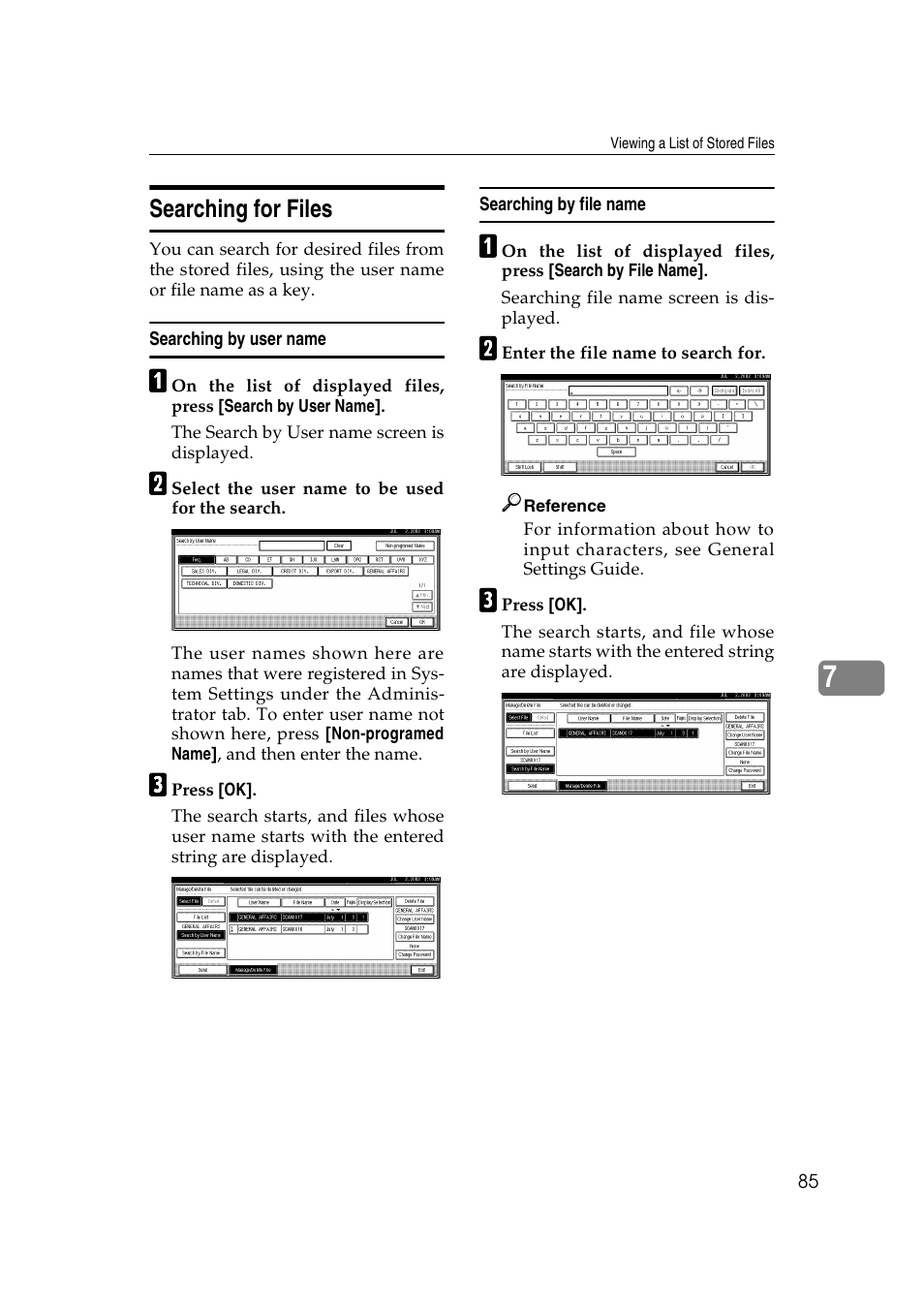 Searching for files, Searching by user name, Searching by file name | Savin 1232 User Manual | Page 89 / 108