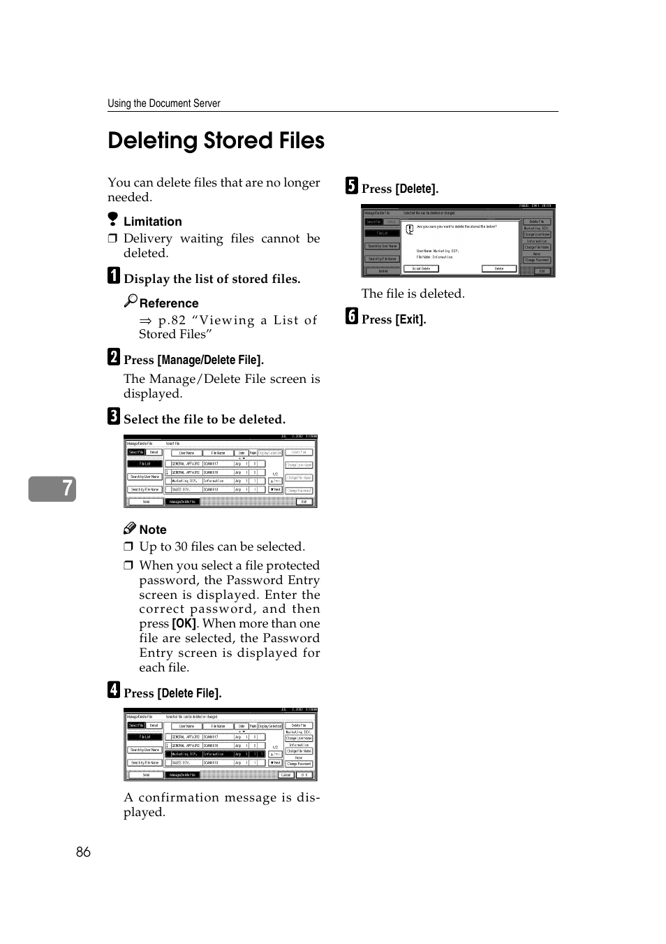 Deleting stored files, 7deleting stored files | Savin 1232 User Manual | Page 90 / 108