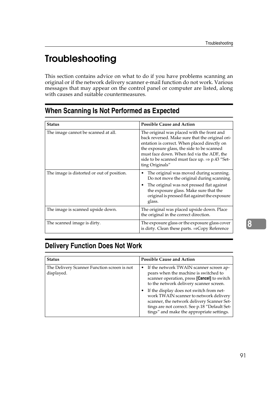 Troubleshooting, When scanning is not performed as expected, Delivery function does not work | 8troubleshooting | Savin 1232 User Manual | Page 95 / 108