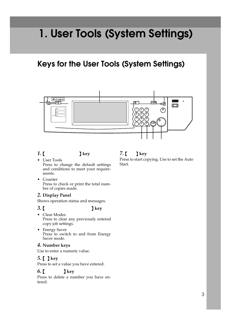 0 user toos (system settings), Keys for the user tools (system settings), User tools (system settings) | User tools/counter } key, Display panel, Clear modes/energy saver } key, Number keys, Clear/stop } key, Start } key | Savin 5502 User Manual | Page 11 / 27