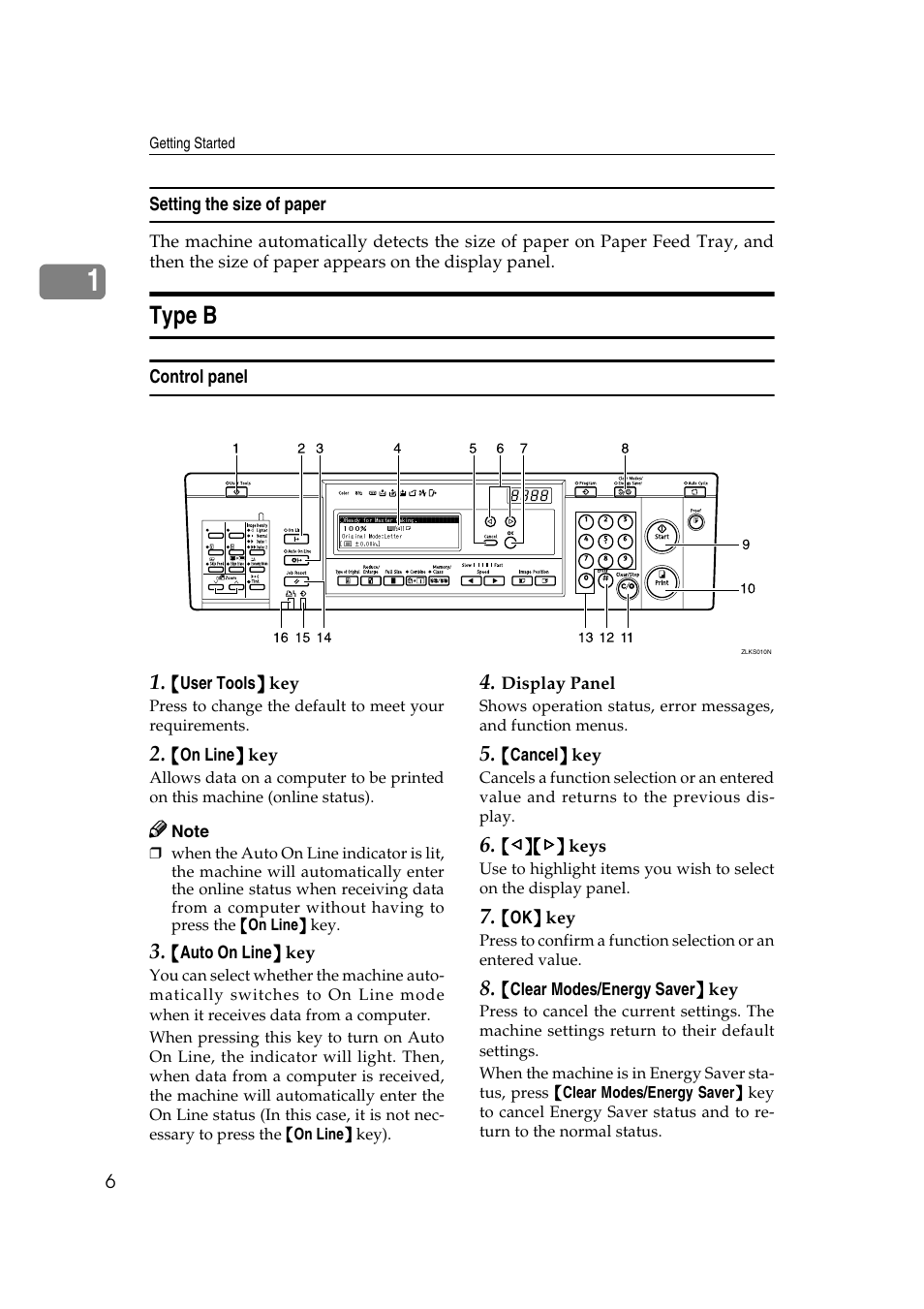 Setting the size of paper, Type b, Control panel | Savin RCP40 User Manual | Page 12 / 46